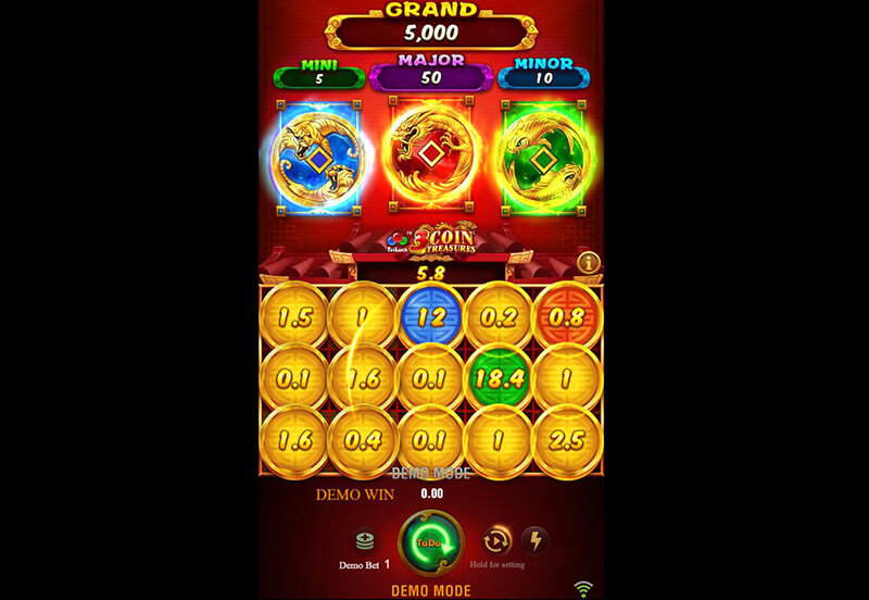 JILI 3 Coin Treasures TriLuck Slot - Golden, Blue, Red, Green Coins Symbols Appear in All Positions