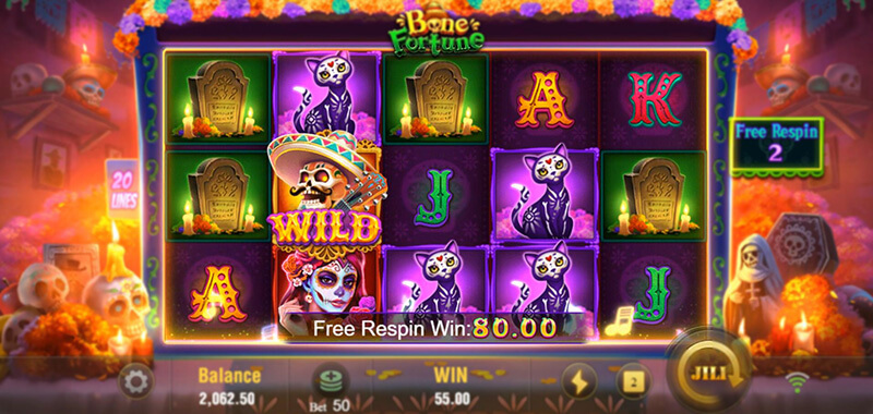 JILI Bone Fortune Slot - Wild Respin Feature Wild Symbols Nudge