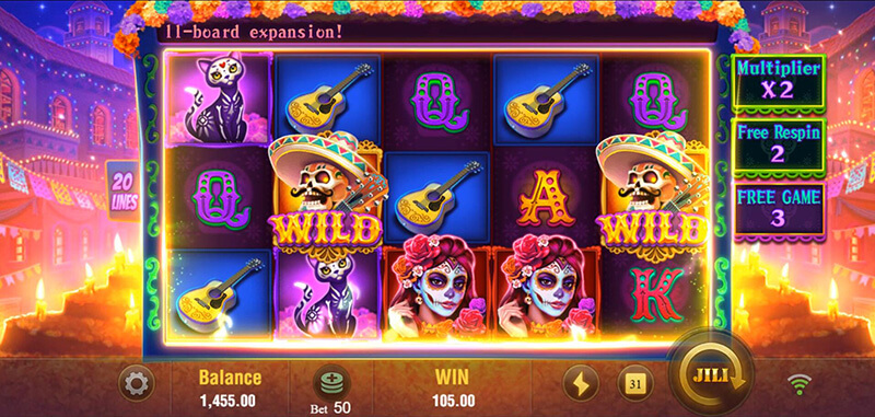 JILI Bone Fortune Slot - Wild Respin Feature Multiplier Increases x1