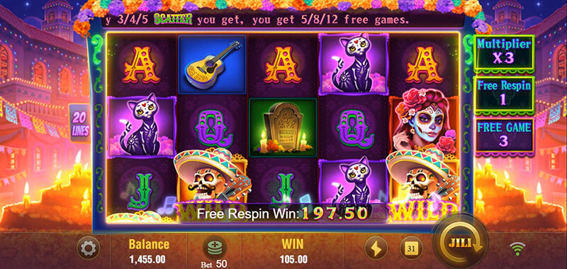 JILI Bone Fortune Slot - Wild Respin Feature Multiplier Increases x2