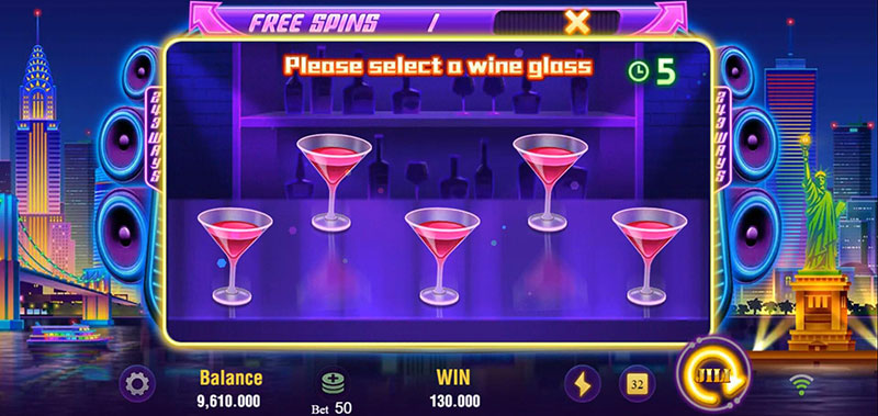 JILI Party Night Slot - Free Spins Bonus Options 5 Cocktail Glasses