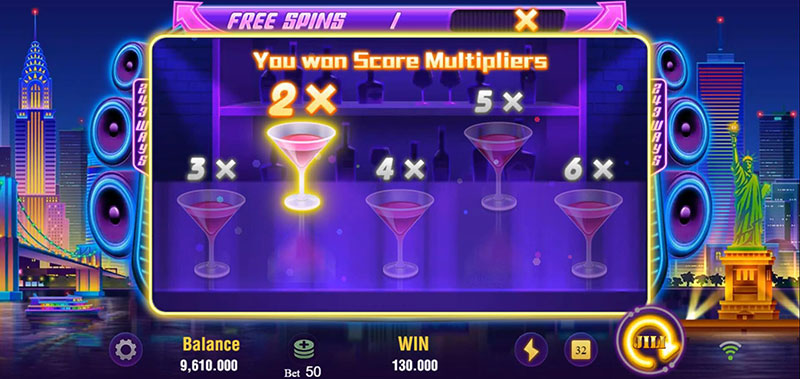 JILI Party Night Slot - Free Spins Bonus Options Cocktail Glasses 2x to 6x