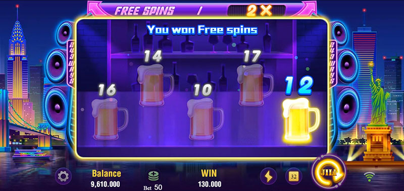 JILI Party Night Slot - Free Spins Bonus Options Cocktail Glasses 8 to 20