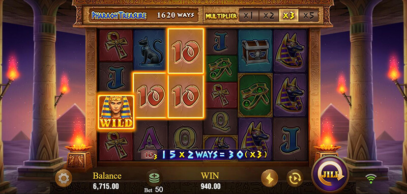 JILI Pharaoh Treasure Slot - Golden Frame Symbol Transform Into Wild Symbols