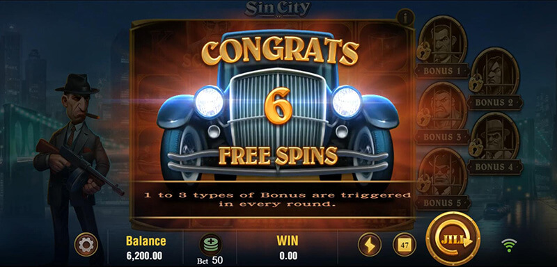 JILI Sin City Slot - 6 Free Spins Bonus